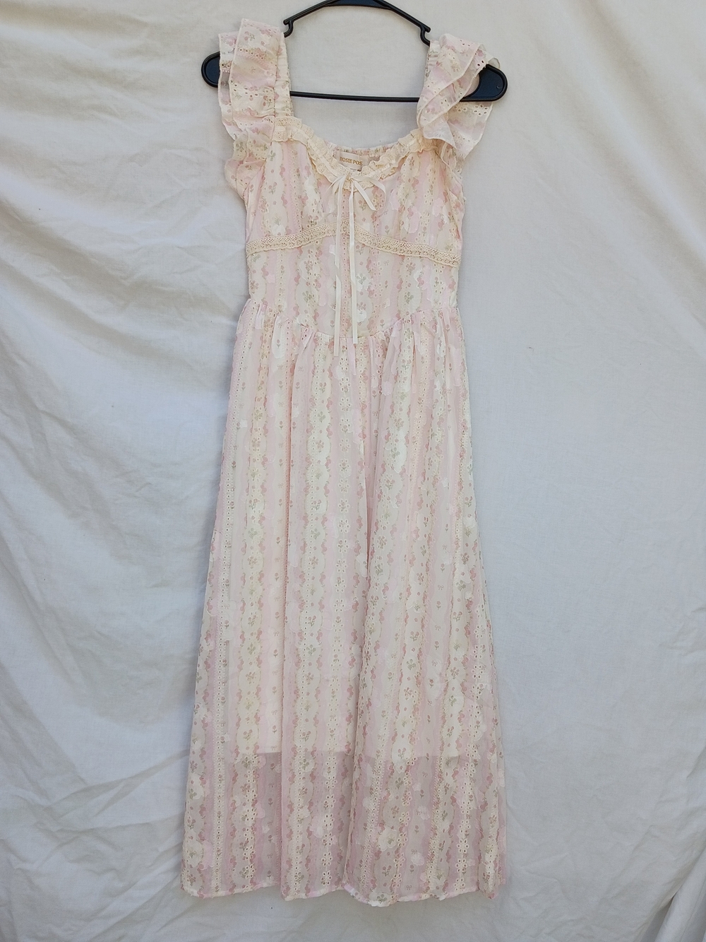 Rosie Posie Pale Pink Lace Midi Dress with Smocked Bodice& Ruffle Straps Coqutte